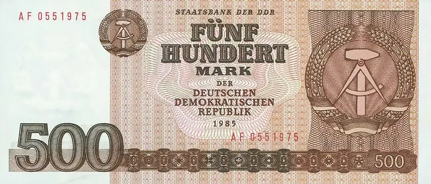 Fig. 2.1: Staatsbank der DDR, 1985, 500 Mark, obverse — the most legendary of DDR banknotes, never officially issued.