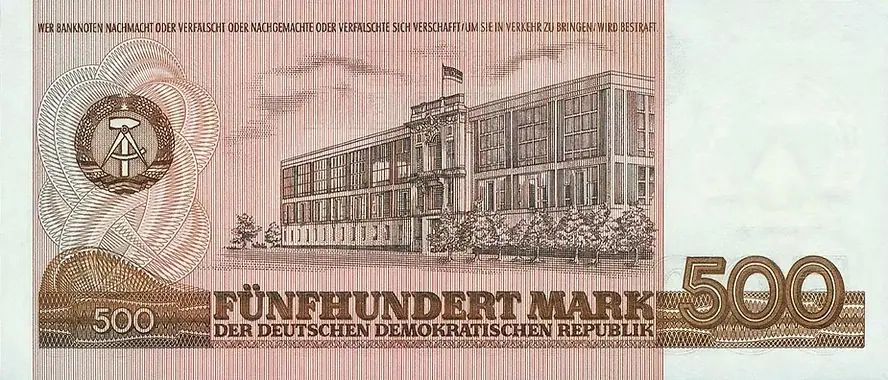 Fig. 2.1: Staatsbank der DDR, 1985, 500 Mark, obverse — the most legendary of DDR banknotes, never officially issued.