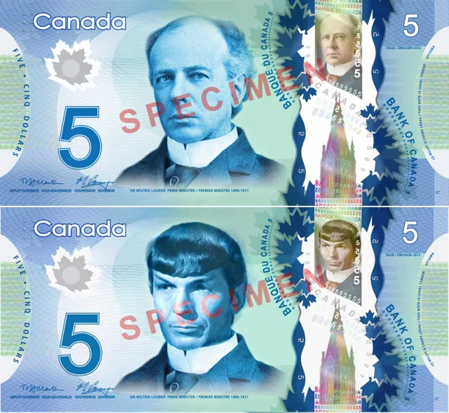 A clever AI-generated fantasy $5 “Spock” polymer banknote.