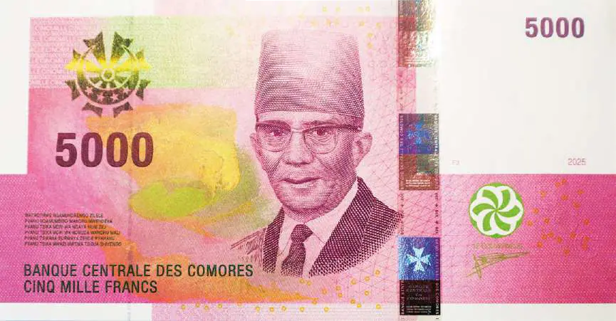 Modernized banknotes. The series and number are missing from the back of the 5,000 franc note.