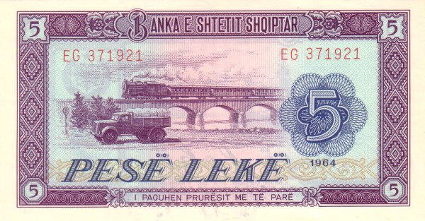ALBANIA 5 Leke 1964 Pick 35 collectible banknote