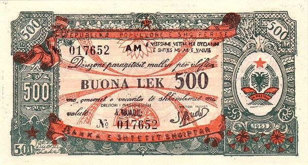ALBANIA 500 Bon Lek 1953 Pick FX9 collectible banknote
