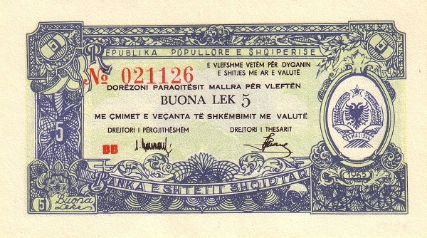 ALBANIA 5 Bon Lek 1965 Pick FX25 collectible banknote