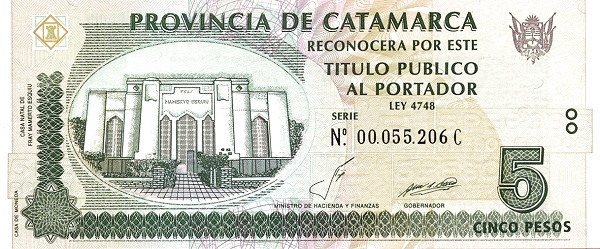 ARGENTINA – CATAMARCA 5 Pesos 2001 Pick S2355 collectible banknote