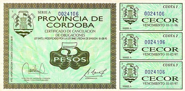 ARGENTINA – CÓRDOBA 5 Pesos 1995 Pick S2375 collectible banknote