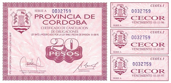ARGENTINA – CÓRDOBA 20 Pesos 1995 Pick S2377 collectible banknote