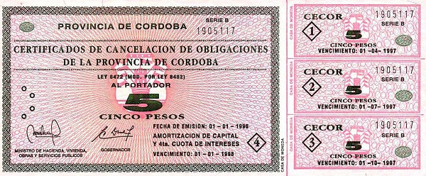 ARGENTINA – CÓRDOBA 5 Pesos 1996 Pick S2379 collectible banknote