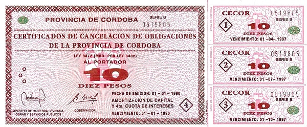 ARGENTINA – CÓRDOBA 10 Pesos 1996 Pick S2380 collectible banknote