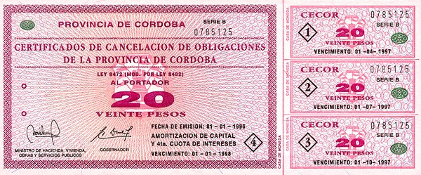 ARGENTINA – CÓRDOBA 20 Pesos 1996 Pick S2381 collectible banknote
