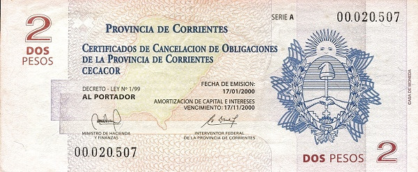 ARGENTINA – CORRIENTES 2 Pesos 2000 Pick S2390 collectible banknote