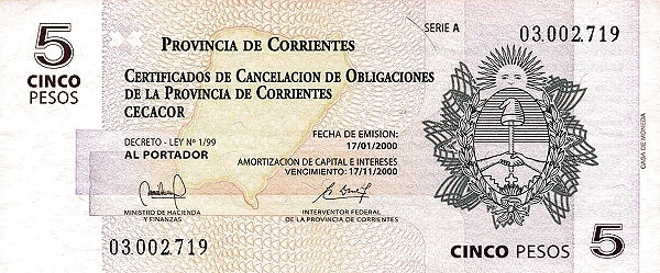 ARGENTINA – CORRIENTES 5 Pesos 2000 Pick S2391 collectible banknote