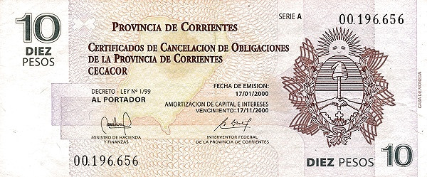 ARGENTINA – CORRIENTES 10 Pesos 2000 Pick S2392 collectible banknote