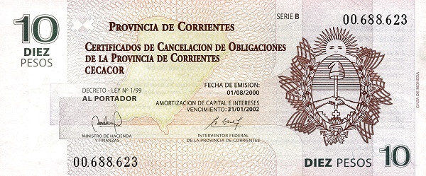 ARGENTINA – CORRIENTES 10 Pesos 2000 Pick S2395 collectible banknote
