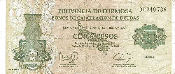 ARGENTINA – FORMOSA 5 Pesos 2001 Pick S2399A