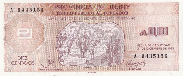 ARGENTINA – JUJUY 10 Centavos 1988 Pick S2401