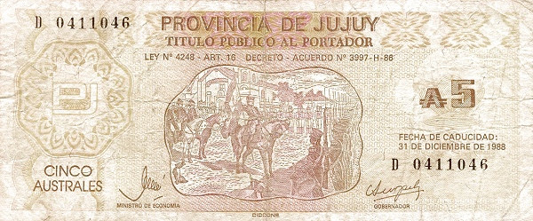 ARGENTINA – JUJUY 5 Australes 1988 Pick S2404
