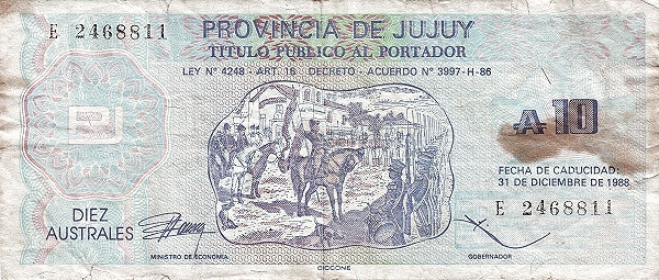 ARGENTINA – JUJUY 10 Australes 1988 Pick S2405 collectible banknote