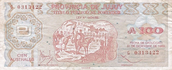 ARGENTINA – JUJUY 100 Australes 1989 Pick S2407 collectible banknote