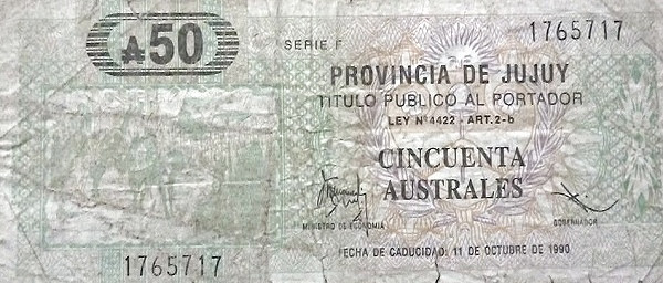 ARGENTINA – JUJUY 50 Australes 1990 Pick S2408 collectible banknote