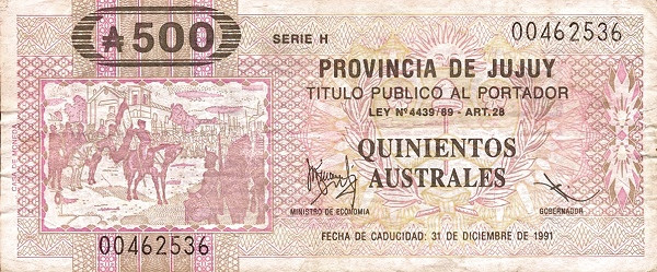 ARGENTINA – JUJUY 500 Australes 1991 Pick S2409 collectible banknote