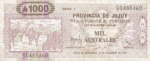 ARGENTINA – JUJUY 1000 Australes 1991 Pick S2410 collectible banknote