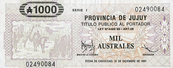 ARGENTINA – JUJUY 1000 Australes 1991 Pick S2411 collectible banknote