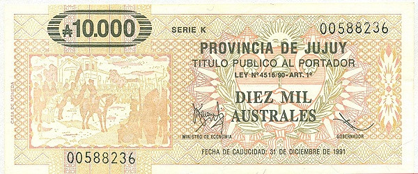 ARGENTINA – JUJUY 10000 Australes 1991 Pick S2413 collectible banknote