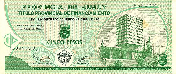 ARGENTINA – JUJUY 5 Pesos 2007 Pick SNL collectible banknote