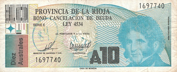 ARGENTINA – LA RIOJA 10 Australes 1986 Pick S2505 collectible banknote
