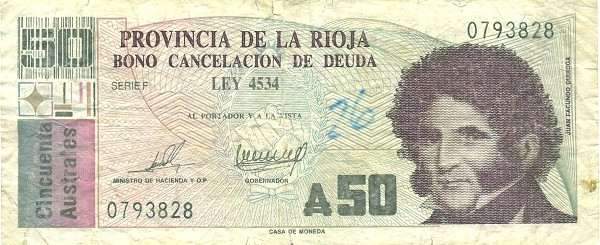 ARGENTINA – LA RIOJA 50 Australes 1986 Pick S2506 collectible banknote
