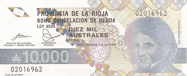 ARGENTINA – LA RIOJA 10000 Australes 1986 Pick SNL collectible banknote