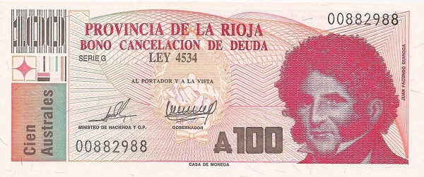 ARGENTINA – LA RIOJA 100 Australes 1986 Pick S2507 collectible banknote
