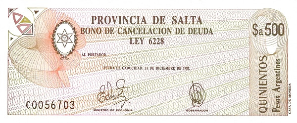 ARGENTINA – SALTA 500 Pesos 1987 Pick S2603