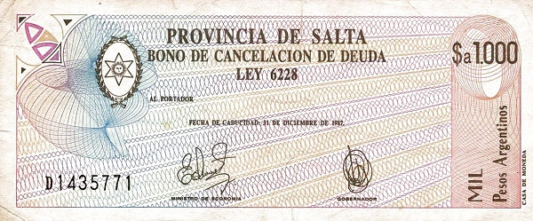 ARGENTINA – SALTA 1000 Pesos 1987 Pick S2604