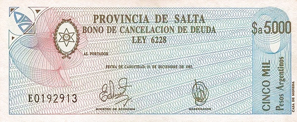 ARGENTINA – SALTA 5000 Pesos 1987 Pick S2605
