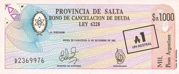 ARGENTINA – SALTA 1 Austral 1987 Pick S2607 collectible banknote