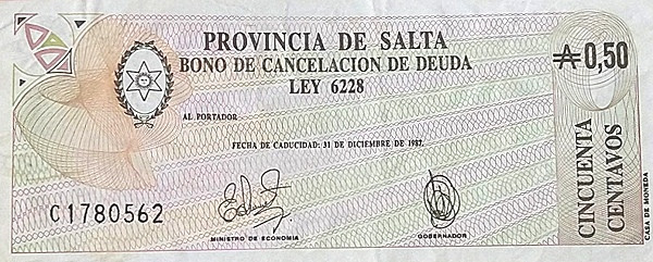 ARGENTINA – SALTA 1 Austral 1987 Pick S2612 collectible banknote