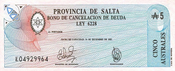 ARGENTINA – SALTA 5 Australes 1987 Pick S2613 collectible banknote