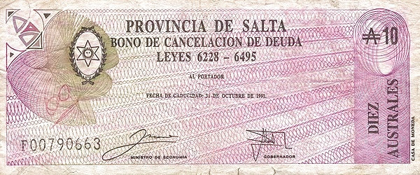 ARGENTINA – SALTA 10 Australes 1991 Pick S2621 collectible banknote