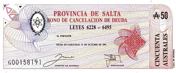 ARGENTINA – SALTA 50 Australes 1991 Pick S2622 collectible banknote