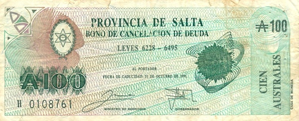 ARGENTINA – SALTA 100 Australes 1991 Pick S2623 collectible banknote