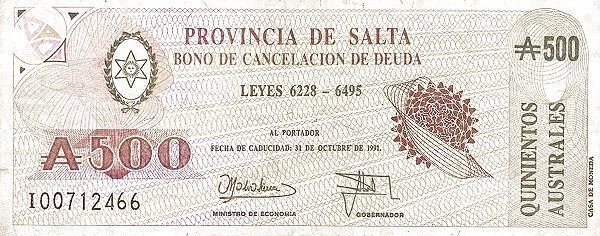 ARGENTINA – SALTA 500 Australes 1991 Pick S2624 collectible banknote