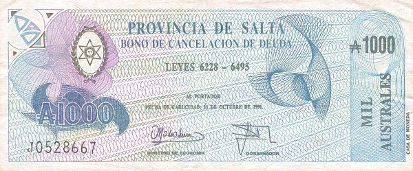 ARGENTINA – SALTA 1000 Australes 1991 Pick S2625 collectible banknote