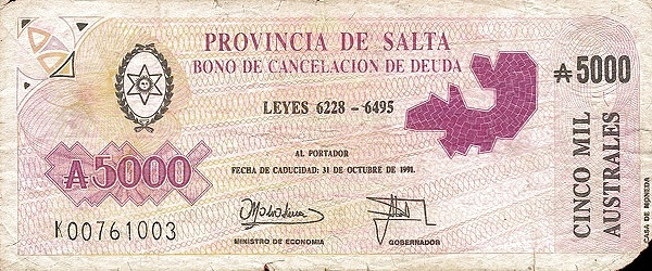ARGENTINA – SALTA 5000 Australes 1991 Pick S2626 collectible banknote