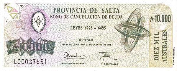 ARGENTINA – SALTA 10000 Australes 1991 Pick S2627 collectible banknote