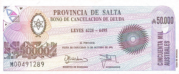 ARGENTINA – SALTA 50000 Australes 1991 Pick S2628 collectible banknote