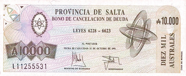 ARGENTINA – SALTA 10000 Australes 1991 Pick S2629 collectible banknote