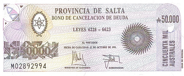 ARGENTINA – SALTA 50000 Australes 1991 Pick S2630 collectible banknote