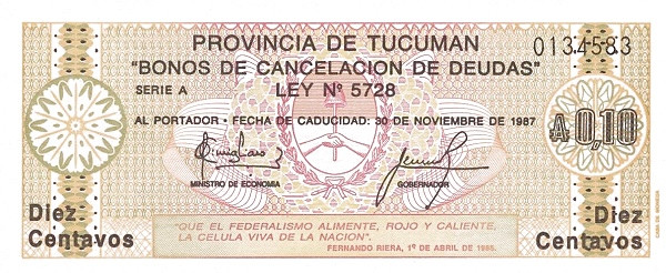 ARGENTINA – TUCUMÁN 10 Centavos 1985 Pick S2701