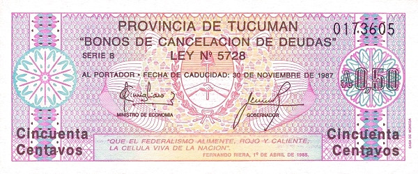 ARGENTINA – TUCUMÁN 50 Centavos 1985 Pick S2702